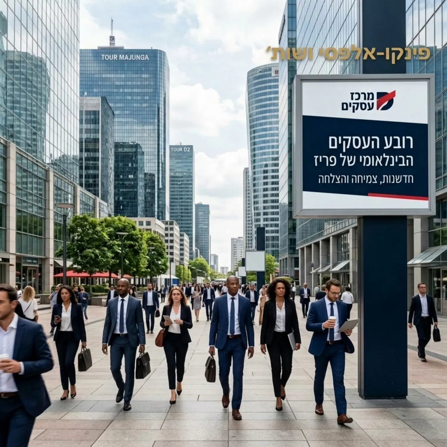 צילום איכותי של רובע עסקים מודרני בעיר אירופאית מובילה עם בנייני משרדים מזכוכית ואנשי עסקים הולכים ברחוב באווירה דינמית מקצועית ומשגשגת המשדרת הצלחה עסקית