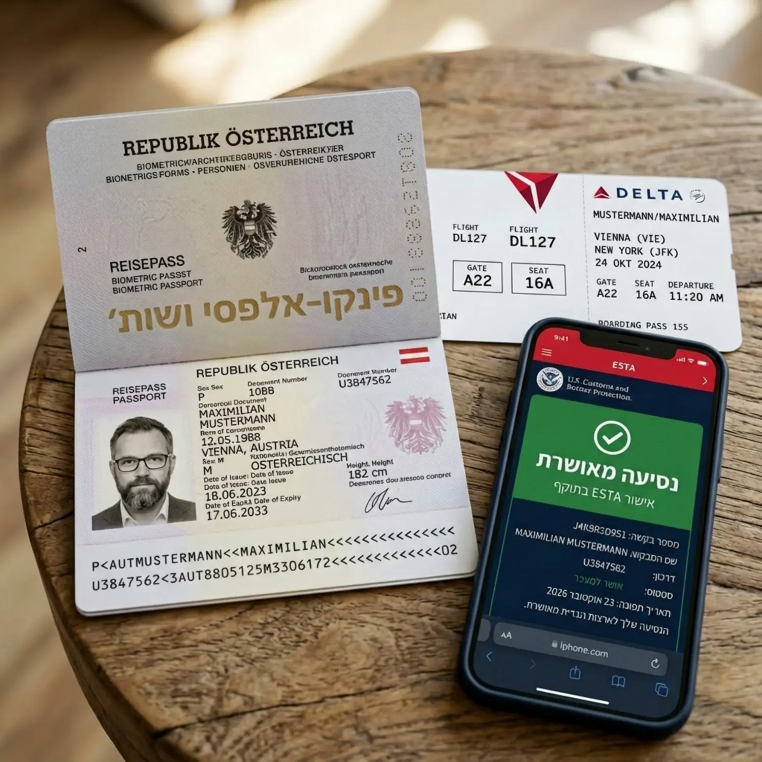 צילום תקריב של דרכון אוסטרי ביומטרי פתוח על דף הפרטים האישיים, ולצידו כרטיס טיסה לארצות הברית ומסך טלפון המציג אישור נסיעה ירוק של ESTA