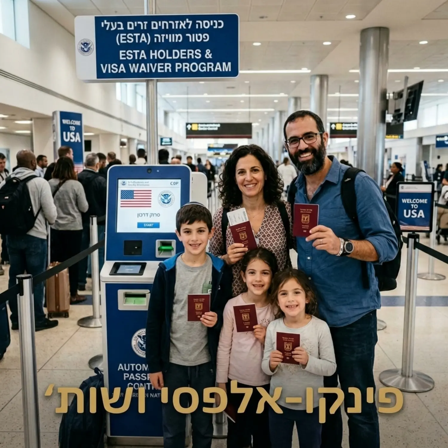 משפחה ישראלית מחייכת בשדה התעופה בארצות הברית מול עמדת ביקורת גבולות אוטומטית המיועדת לאזרחים זרים בעלי פטור מוויזה, מחזיקים דרכונים אדומים
