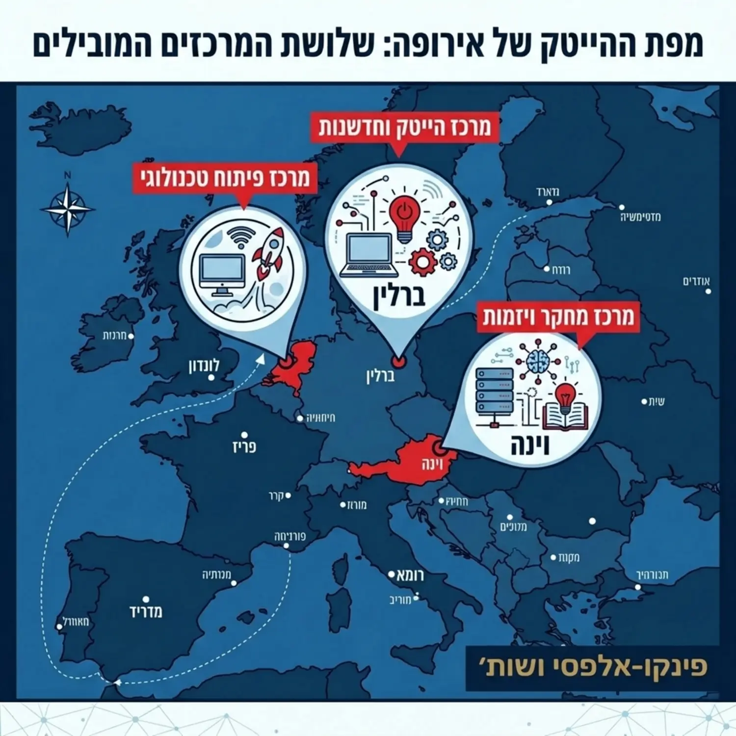 מפה מאוירת של אירופה המאירה את שלושת מרכזי ההייטק המובילים ברלין, אמסטרדם ווינה, עם סמלים קטנים של מחשבים וחדשנות ליד כל עיר