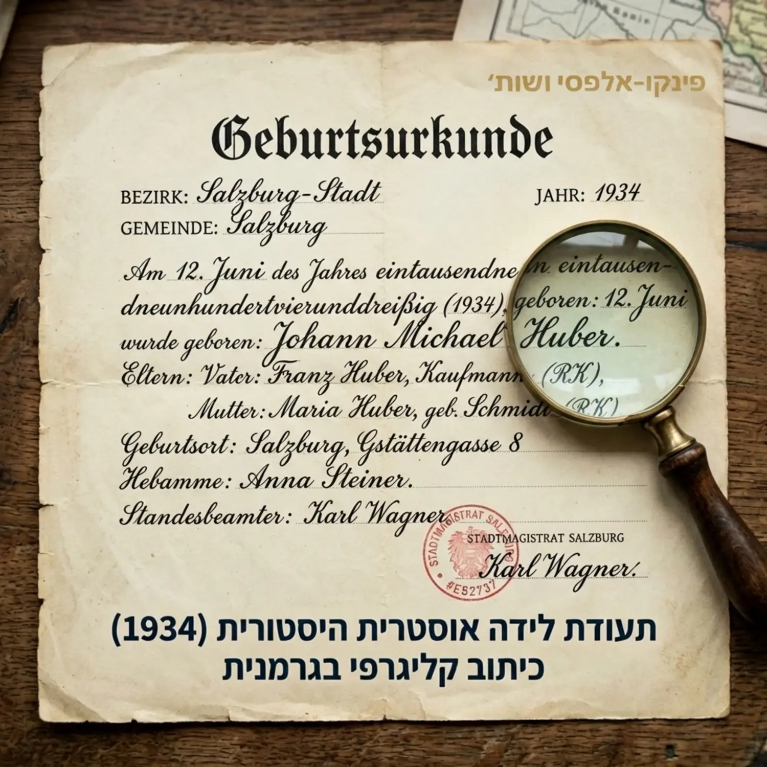 תצלום תקריב של תעודת לידה אוסטרית היסטורית משנות השלושים, כתובה בכתב יד קליגרפי בגרמנית על גבי נייר מצהיב, כשברקע מונחת זכוכית מגדלת קלאסית