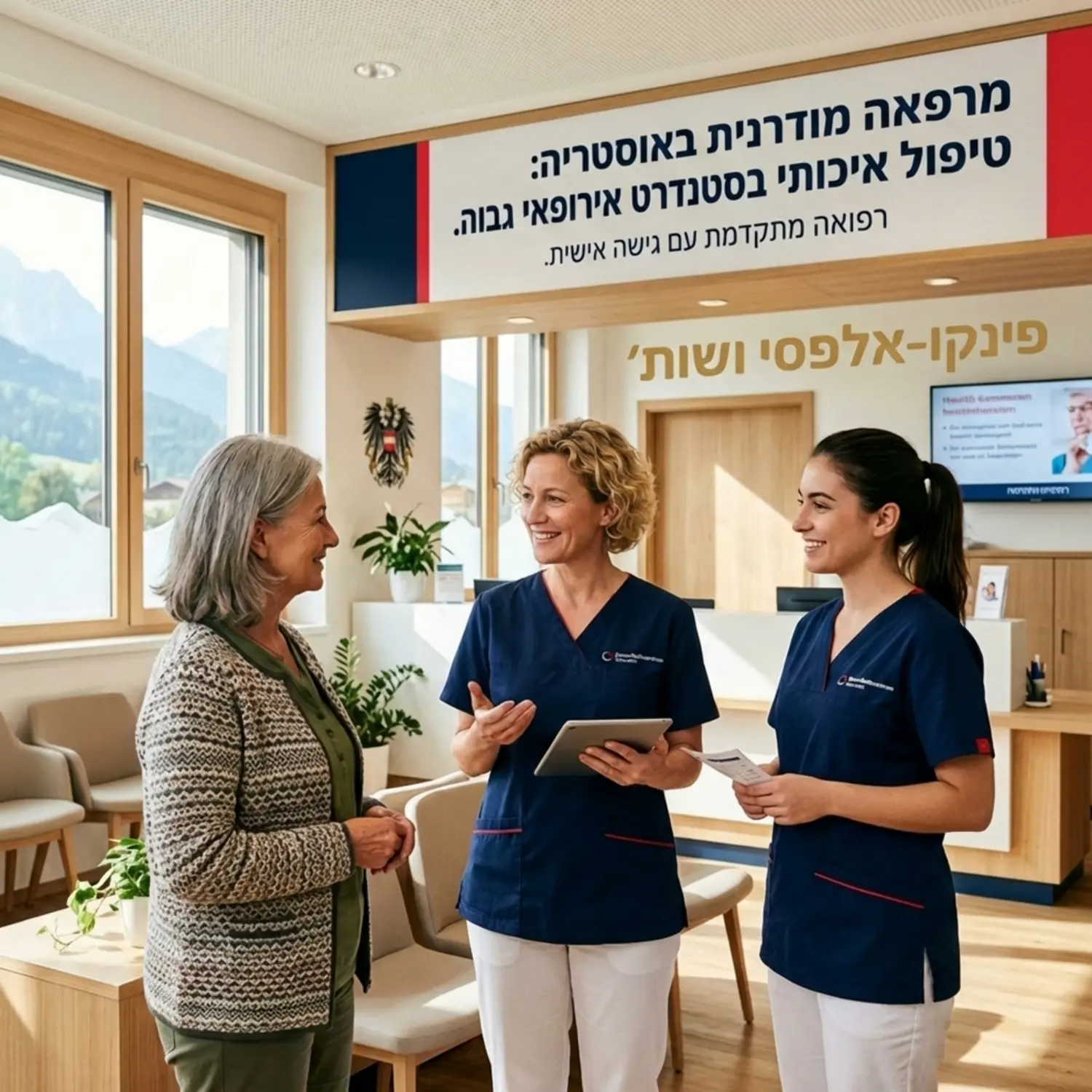 תמונה של מרפאה מודרנית ונקייה באוסטריה, עם צוות רפואי מקבל מטופל בסבר פנים יפות, להמחשת איכות הטיפול המקומית והסטנדרט האירופאי הגבוה