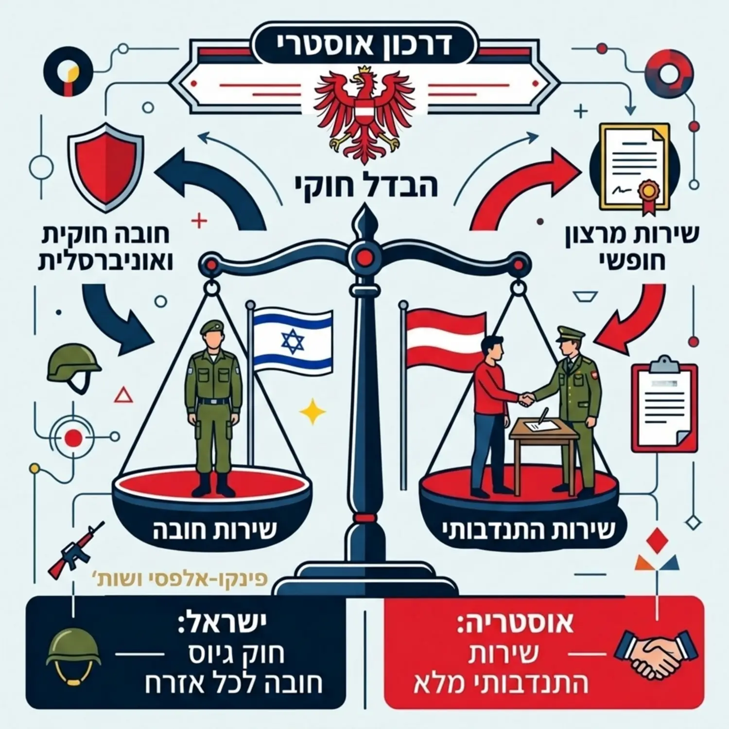 אינפוגרפיקה המציגה מאזניים משפטיים צד אחד מראה חייל בצהל עם הכיתוב שירות חובה וצד שני מראה חייל חותם על חוזה עם הכיתוב שירות התנדבותי ומעליהם סמל הדרכון האוסטרי ממחיש את ההבדל החוקי