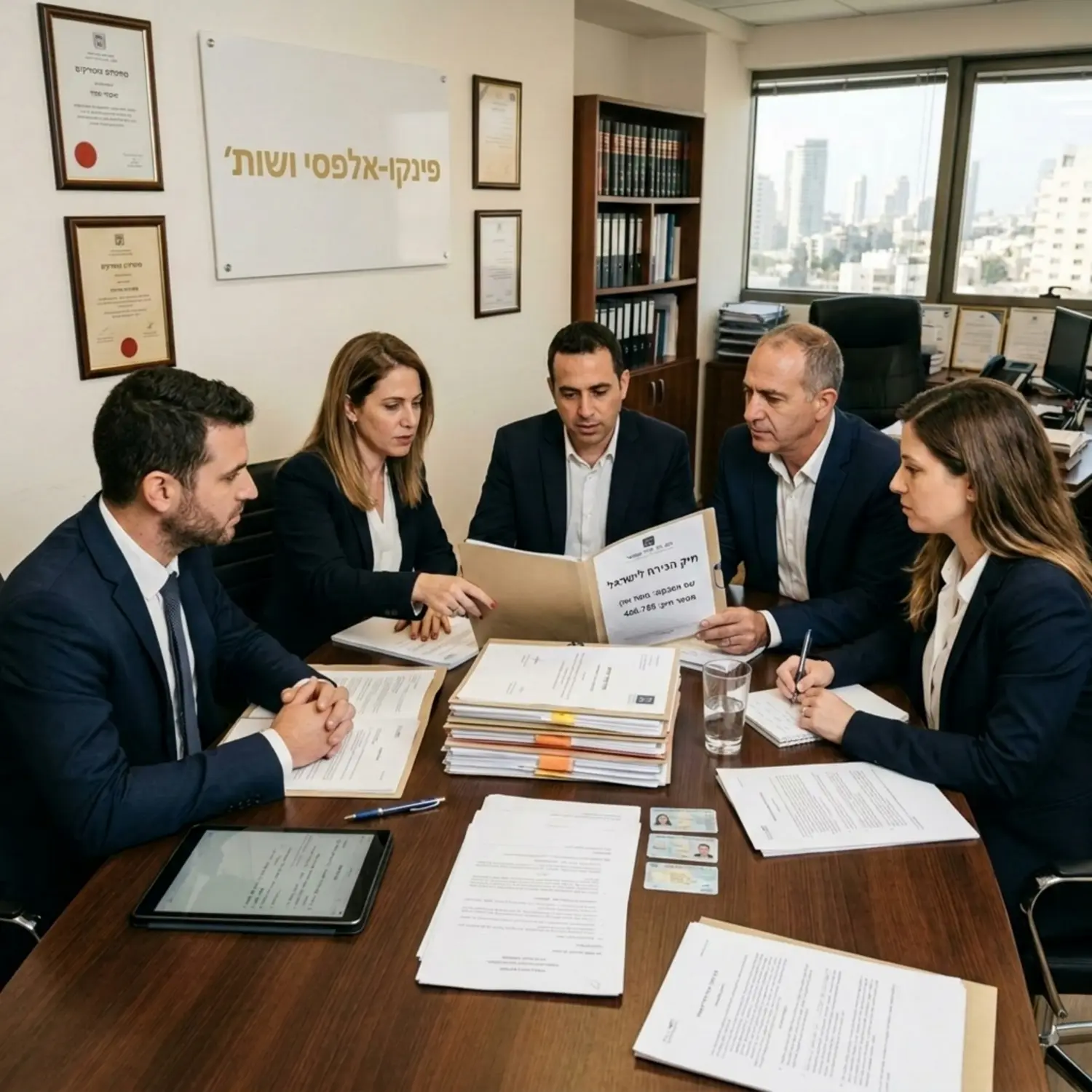תמונה המשדרת מקצועיות של צוות עורכי דין יושבים סביב שולחן משרדי עם מסמכים ותעודות רשמיות ובוחנים יחד בקפידה תיק הגירה לפני שליחתו