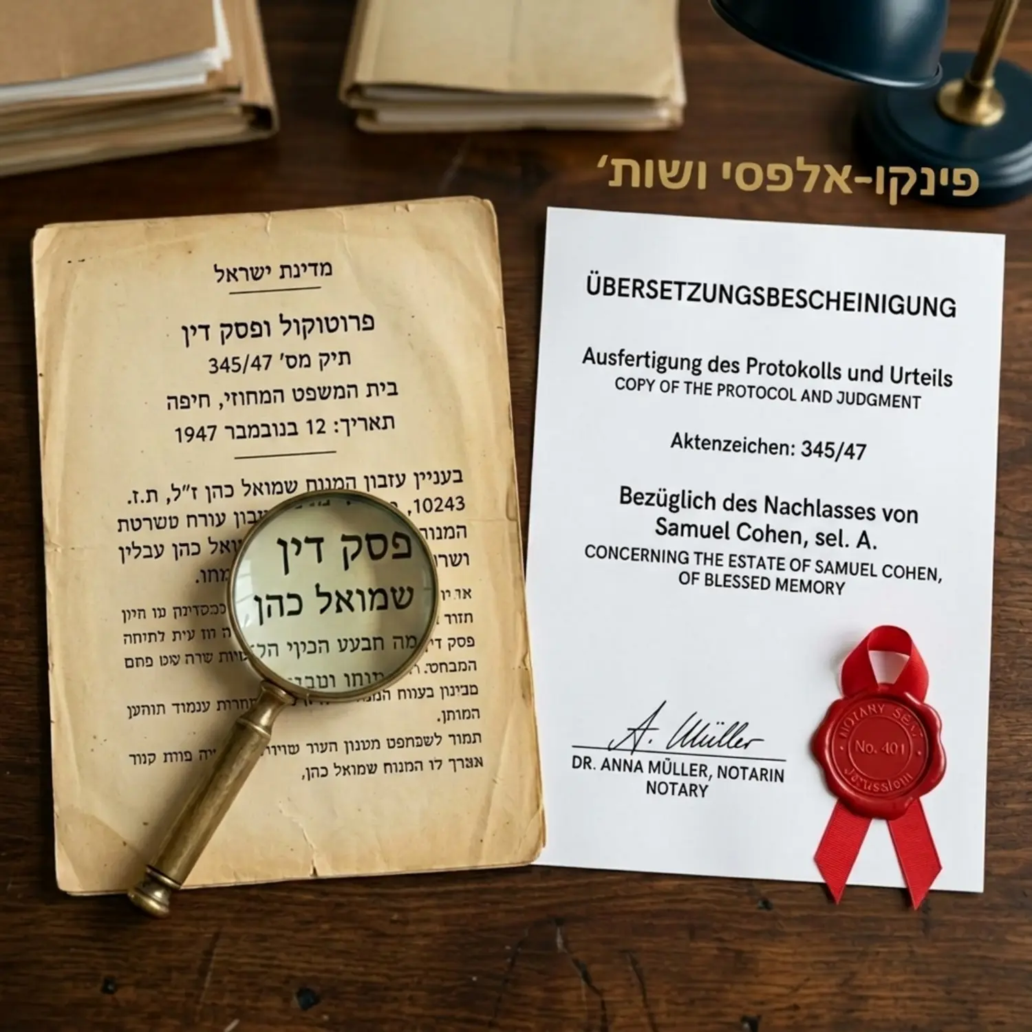 צילום תקריב של מסמך משפטי ישן משנות הארבעים שעליו מונחת זכוכית מגדלת, ולצידו מסמך מודרני מתורגם לגרמנית עם חותמת סרט אדום של נוטריון
