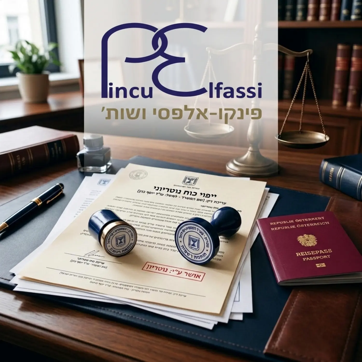 תמונה המציגה שולחן עבודה של עורך דין עם מסמכים רשמיים חותמת נוטריון דרכון אוסטרי ומאזני צדק ברקע הממחישים את כובד הראש והדיוק הנדרשים בתהליך המשפטי