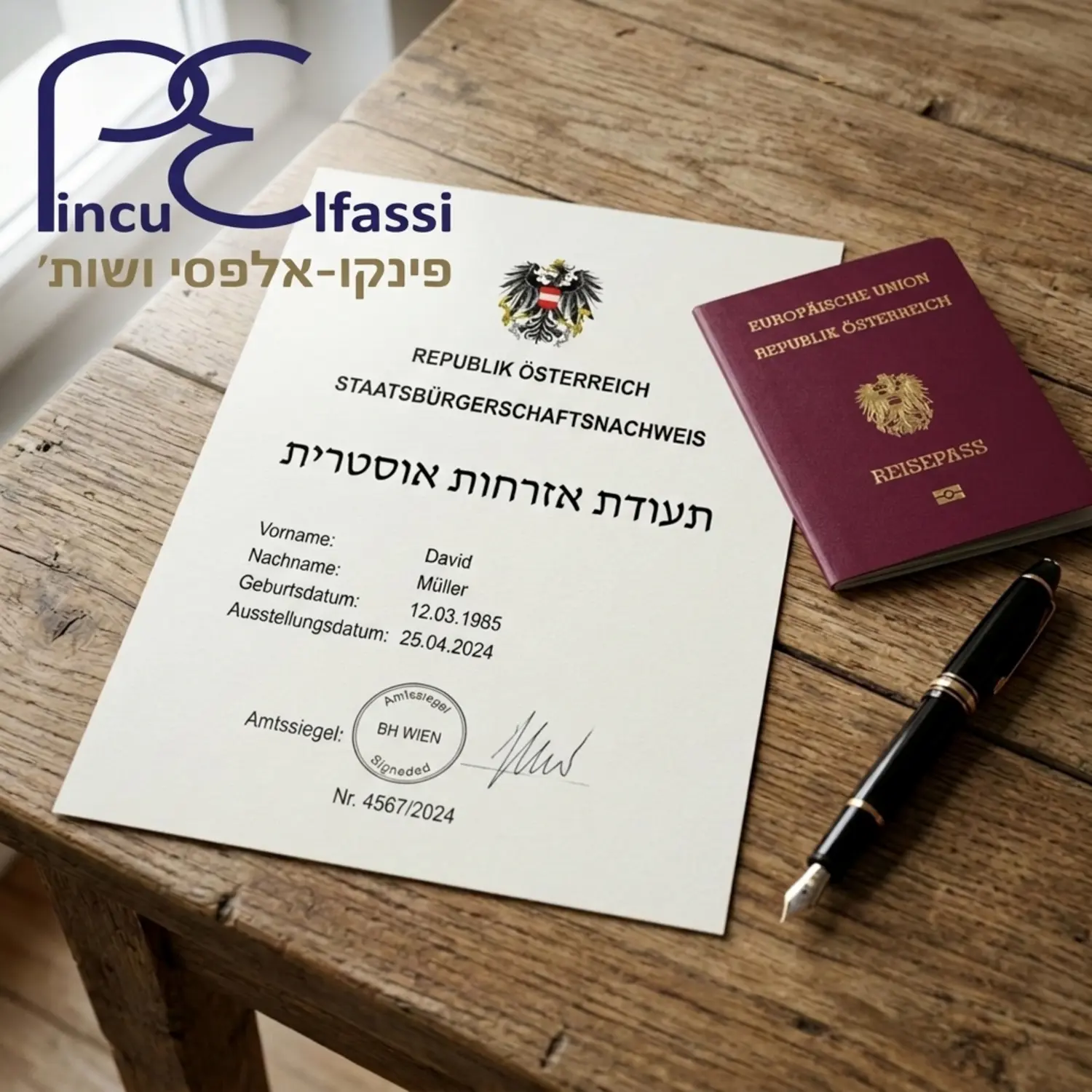צילום תקריב של תעודת אזרחות אוסטרית מונחת על שולחן עץ ליד דרכון אוסטרי ועט נובע יוקרתי