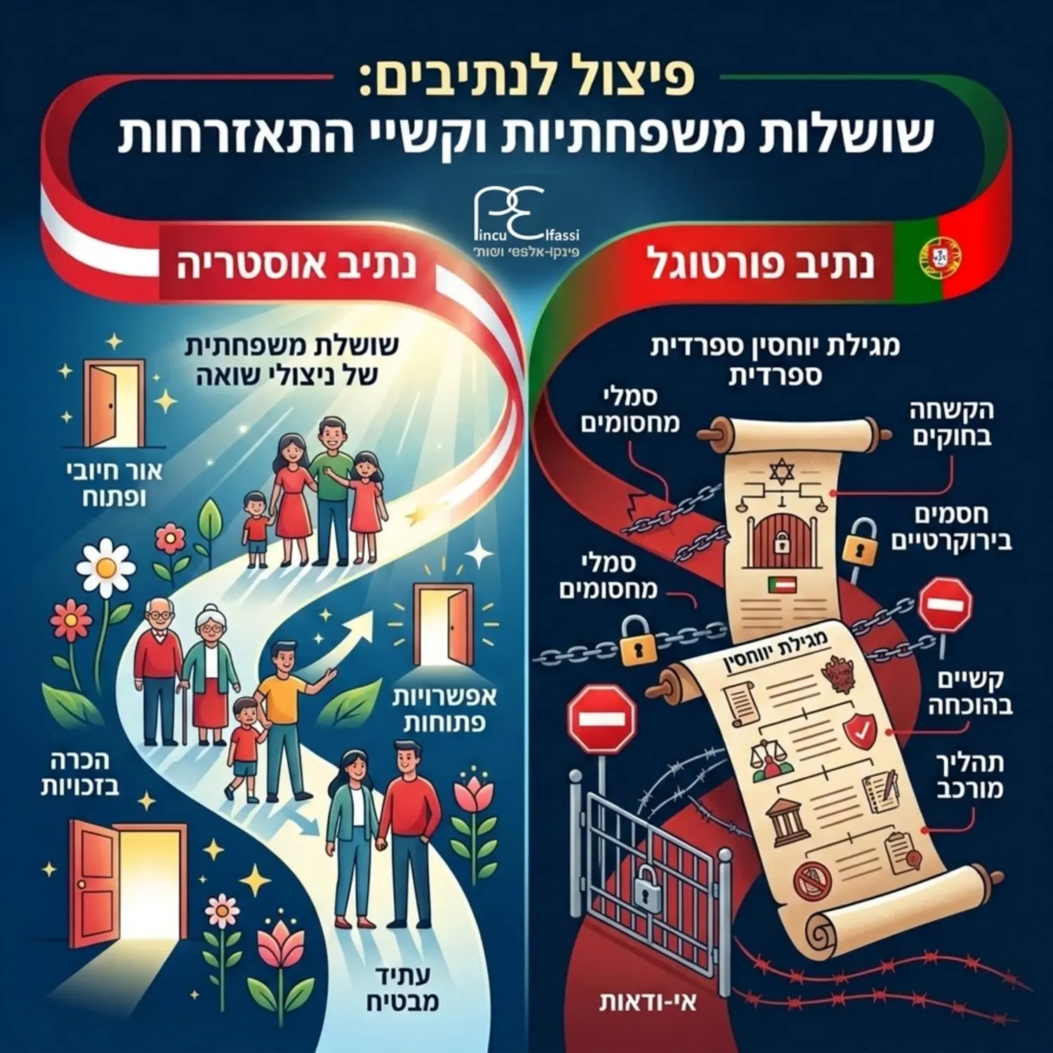 אינפוגרפיקה המציגה פיצול לשני נתיבים ברורים: נתיב אחד בצבעי דגל אוסטריה המראה שושלת משפחתית של ניצולי שואה המוארת באור חיובי ופתוח, ונתיב שני בצבעי דגל פורטוגל המראה מגילת יוחסין ספרדית עם סמלי מחסומים המייצגים את ההקשחה בחוקים