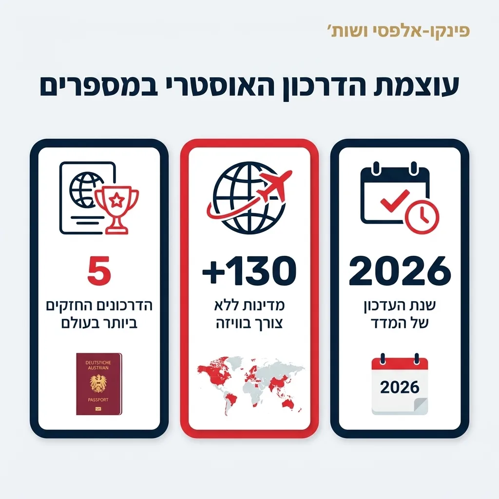 אינפוגרפיקה — עוצמת הדרכון האוסטרי במספרים: הדרכונים החזקים ביותר בעולם, מדינות ללא צורך בוויזה, שנת העדכון של המדד