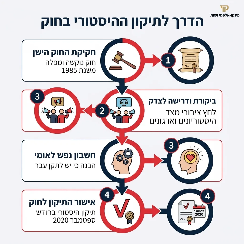 אינפוגרפיקה — הדרך לתיקון ההיסטורי בחוק: חקיקת החוק הישן, ביקורת ודרישה לצדק, חשבון נפש לאומי, אישור התיקון לחוק