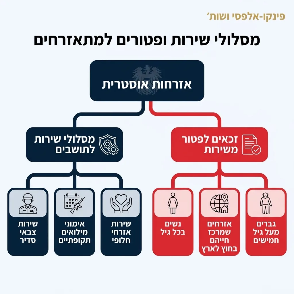 אינפוגרפיקה — מסלולי שירות ופטורים למתאזרחים: אזרחות אוסטרית