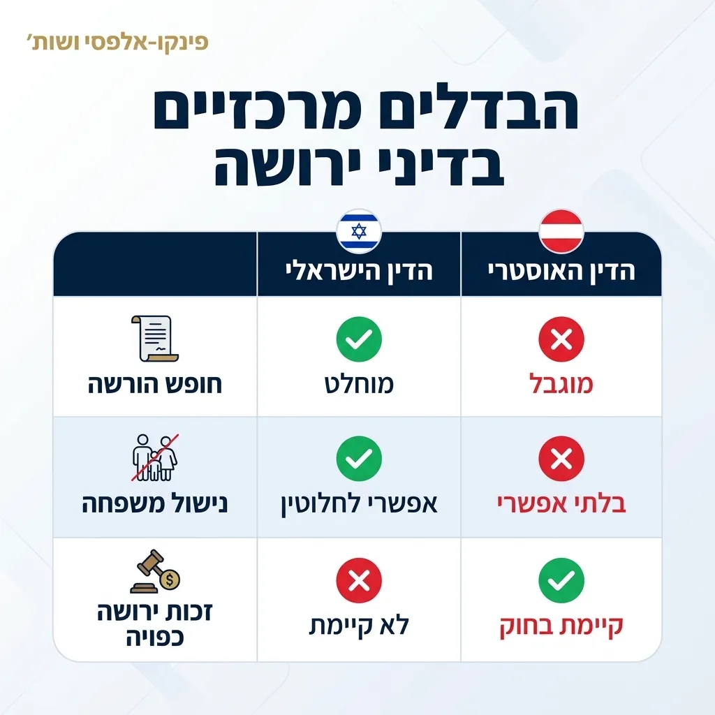 אינפוגרפיקה — הבדלים מרכזיים בדיני ירושה: השוואה בין הדין הישראלי, הדין האוסטרי