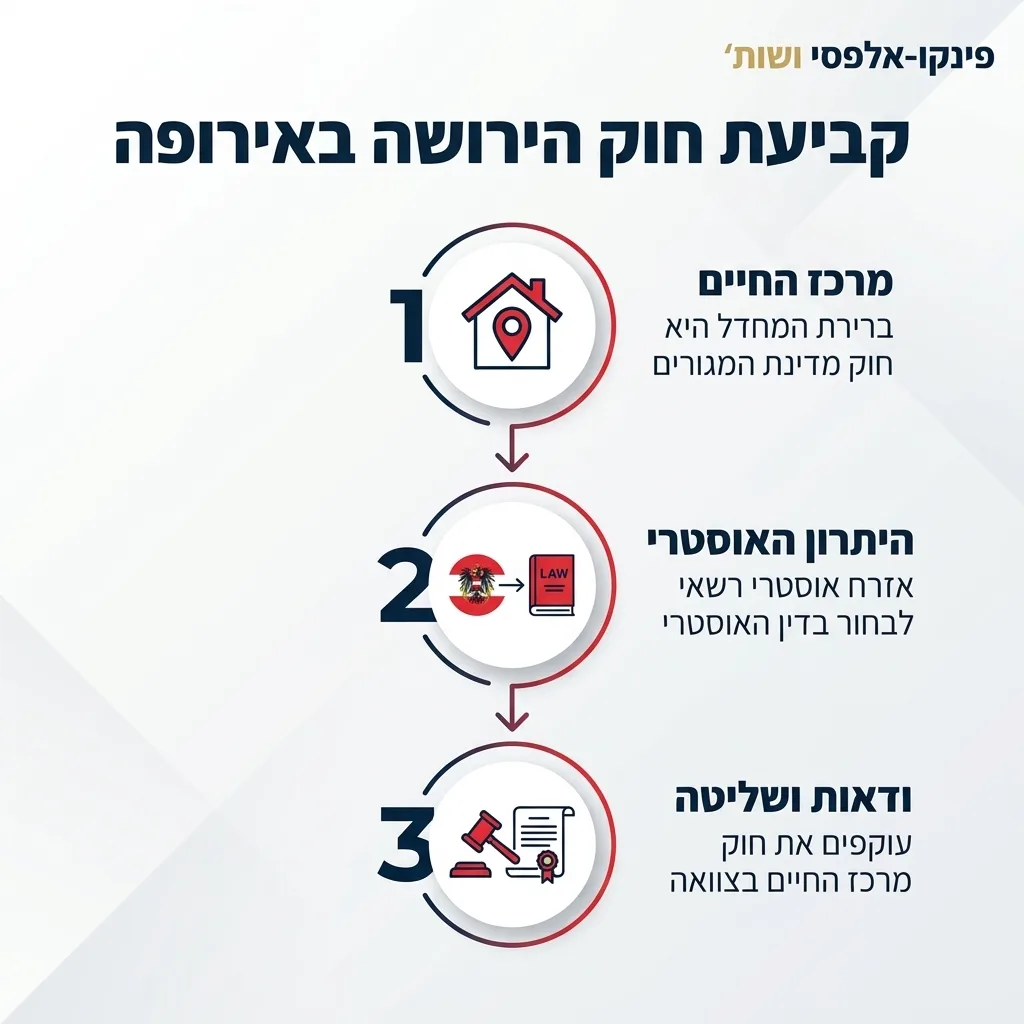 אינפוגרפיקה — קביעת חוק הירושה באירופה: מרכז החיים, היתרון האוסטרי, ודאות ושליטה