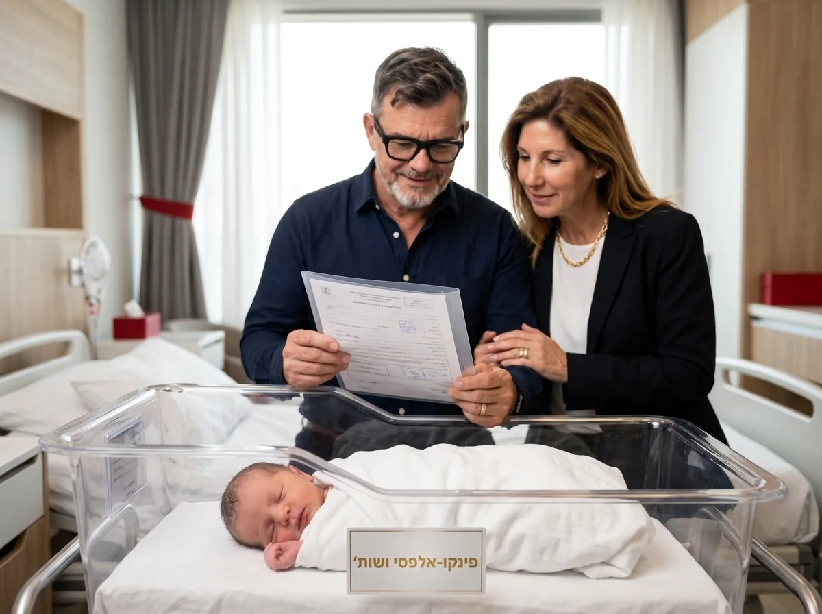 צילום מקצועי של תינוק קטן בעריסה בבית חולים עם הוריו ברקע מחזיקים טופס, תאורה חמימה ונעימה