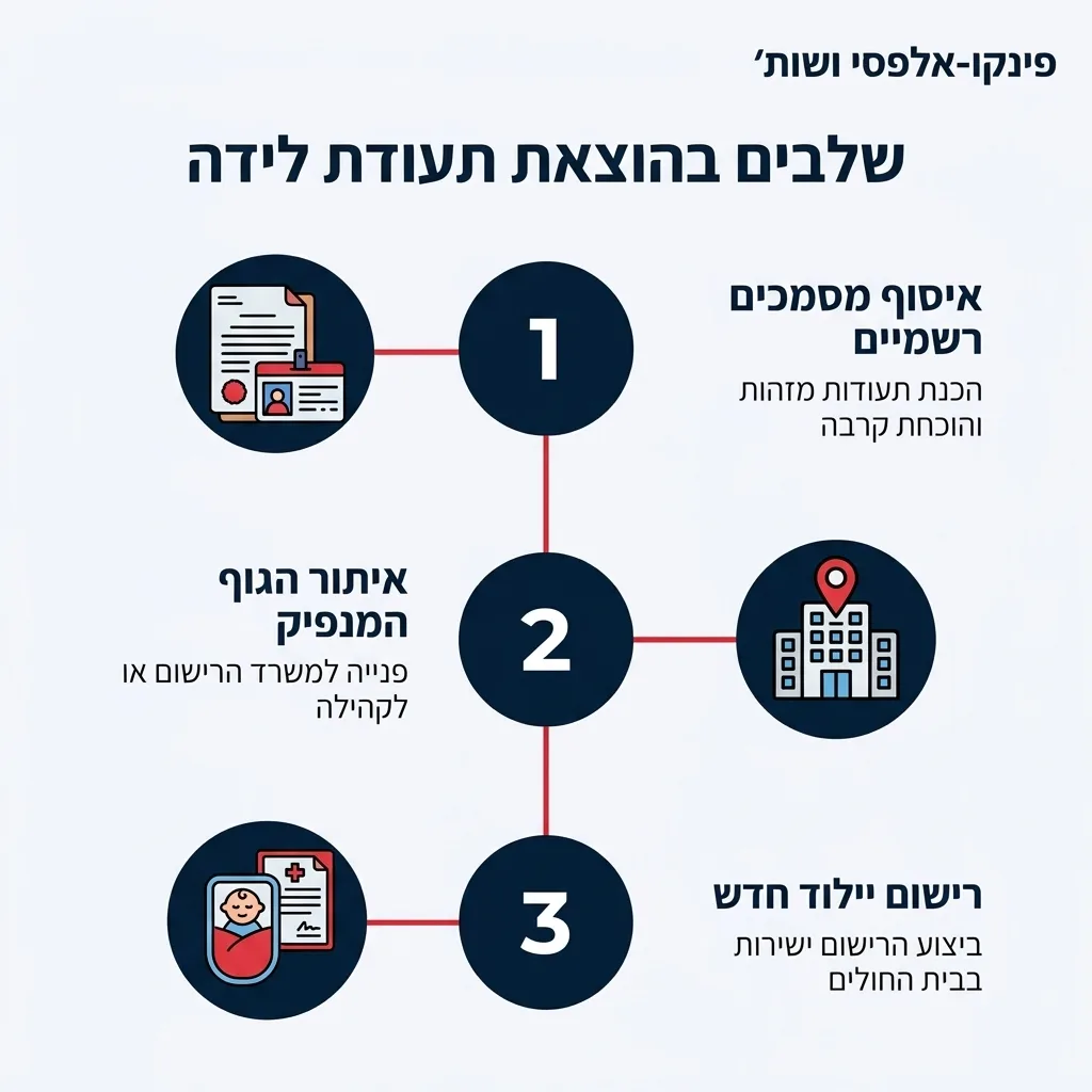 אינפוגרפיקה — שלבים בהוצאת תעודת לידה: איסוף מסמכים רשמיים, איתור הגוף המנפיק, רישום יילוד חדש