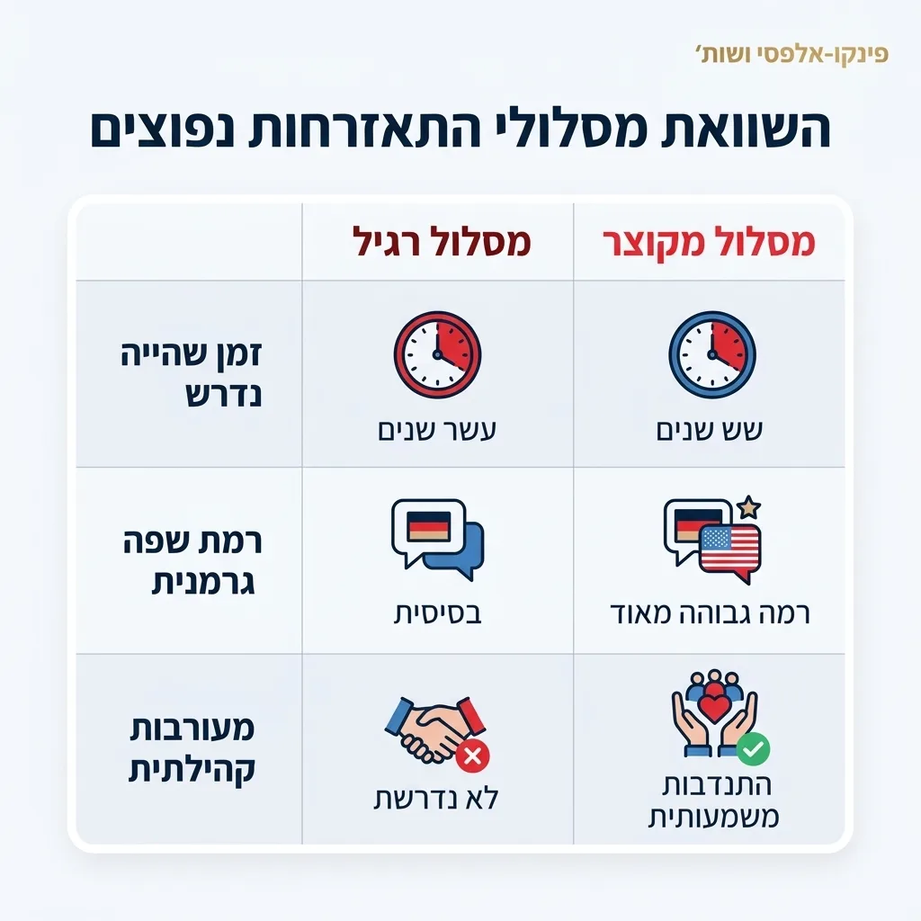 אינפוגרפיקה — השוואת מסלולי התאזרחות נפוצים: השוואה בין מסלול רגיל, מסלול מקוצר