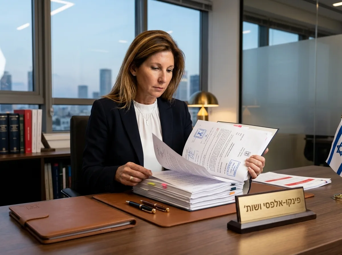 צילום מקצועי של עורכת דין ישראלית יושבת במשרד מודרני, בוחנת בקפידה תיקיית מסמכים עבה עם חותמות רשמיות, תאורה רכה וטבעית
