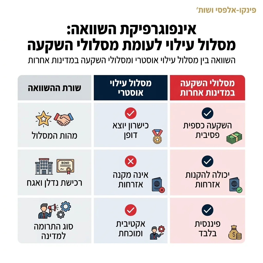 אינפוגרפיקה — מסלול עילוי לעומת מסלולי השקעה: השוואה בין מסלול עילוי אוסטרי, מסלולי השקעה במדינות אחרות