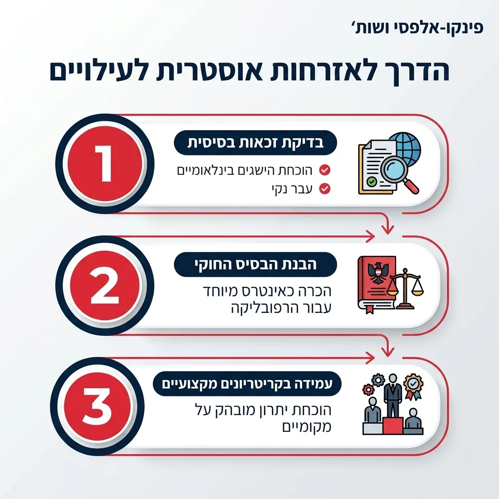 אינפוגרפיקה — הדרך לאזרחות אוסטרית לעילויים: בדיקת זכאות בסיסית, הבנת הבסיס החוקי, עמידה בקריטריונים מקצועיים
