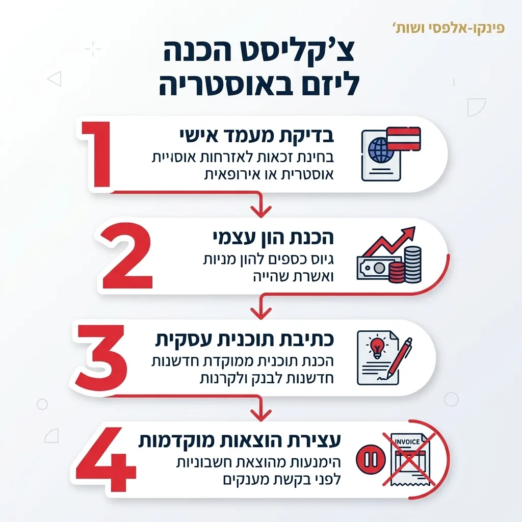 אינפוגרפיקה — צ'קליסט הכנה ליזם באוסטריה: בדיקת מעמד אישי, הכנת הון עצמי, כתיבת תוכנית עסקית, עצירת הוצאות מוקדמות